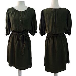 Anthropologie Women's Nicole Puff Sleeve Shirt Dress Forest Green Pockets Sz M